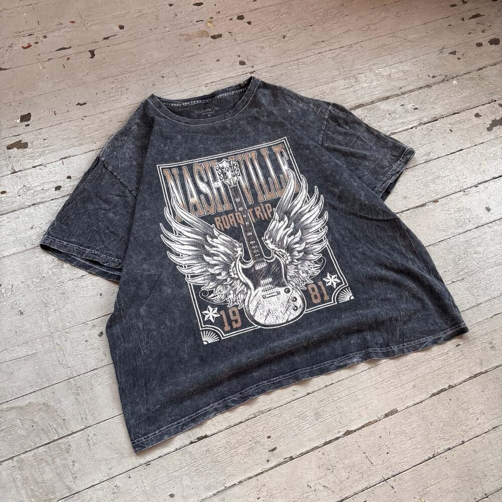 Rebellious One Nashville Road Trip 1981 Guitar Wings Acid Wash Graphic Tee